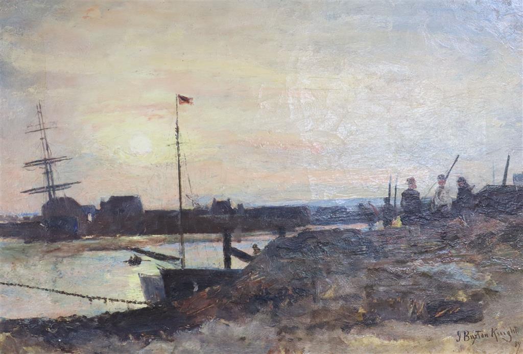 John Buxton Knight (1843-1908), Harbour entrance with figures and boats and companion piece, 32 x 47cm